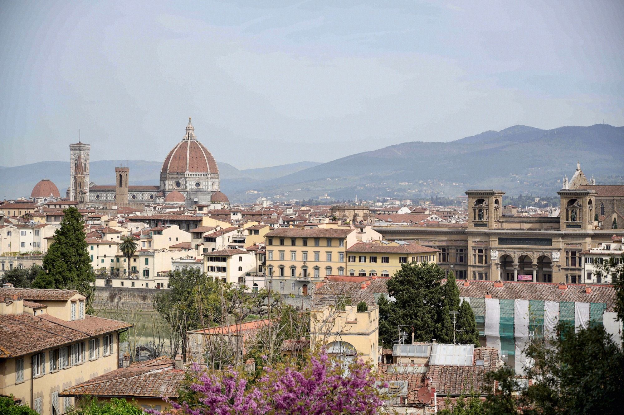 Stadtpanorama von Florenz von einem erhoehten Standpunkt suedlich des Arno mit der Brunelleschi-Kuppel und Giottos Campanile als dominante Silhouette ueber den Daeachern.